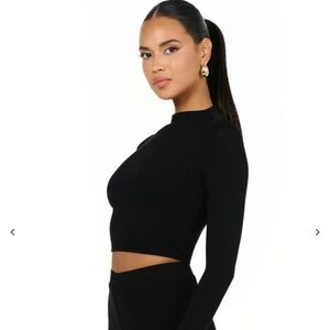 Naked Wardrobe MW Black Ribbed Knit Long Sleeve Crop Top (S)